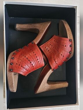 YSL Women's Orange Punched Leather Wood Slide Heels 40.5 / 9.5